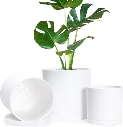 D'vine Dev 4.5 Inch 5.5 Inch 6.5 Inch, Set of 3 Plastic Planter Pots for Plants with Drainage Hole and Seamless Saucers, White Color, Small Plus, 74-V-A-2