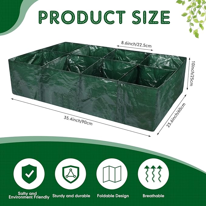 Woanger 4 Pcs Fabric Raised Garden Beds Planters 35 Gallon Plant Grow Bags with 8 Grid, Drainage Holes Vegetable Planter Rectangle Garden Containers for Vegetables Outdoor Fabric Pots for Flower Fruit