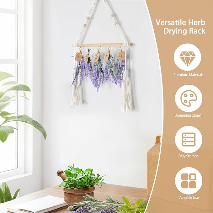 1-Tier Hanging Herb Drying Rack – Includes 30 Brown Gift Tags & 32ft Natural Jute Twine – Handwoven Boho Style Plant Hanger for Drying Herbs, Flowers, Sage – 37" Tall, Home Décor & Gift Idea