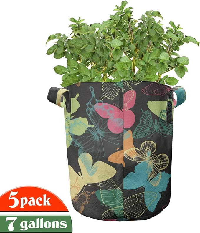 Ambesonne Butterfly Grow Bags 5-Pack, Colorful Silhouettes Art, Heavyduty Fabric Pots with Handles for Plants, Charcoal Blue