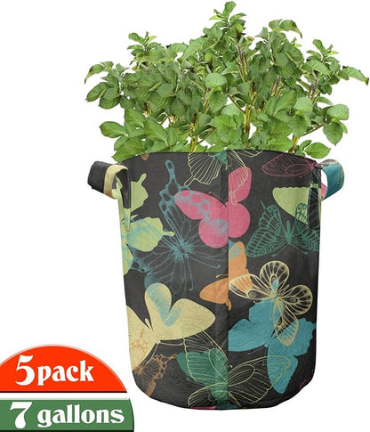 Ambesonne Butterfly Grow Bags 5-Pack, Colorful Silhouettes Art, Heavyduty Fabric Pots with Handles for Plants, Charcoal Blue