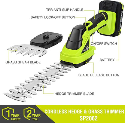 SnapFresh 20V Hedge Trimmer Cordless, 2 in 1 8.67" Electric Shrub Trimmer and 4.72” Grass Shears with 2.0Ah Battery and Charger, Handheld Grass Cutter/Bush Trimmer for Garden Yard
