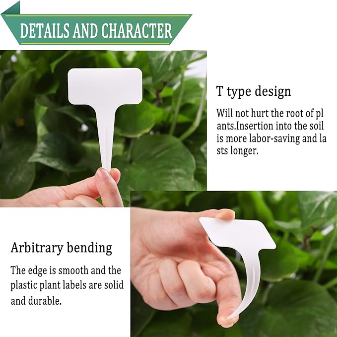 Whaline 100 Pcs Plastic Plant Labels White T-Type Garden Stake Tags Waterproof Plant Markers Reusable Plant Signs for Outdoor Indoor Nursery Potted Plants Seed with A Black Marker Pen (6 x 10 cm)