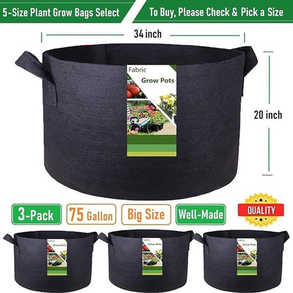 3-Pack 75 Gallon Thickened Plant Grow Bags Large (34x20 in) Heavy Duty Garden Bag Fabric Plant Pots for Tomato,Potato Planter,Herbs Veggies Planting,Flower Pots,Barrel Planter,Leaf Bag,Yard Waste Bags