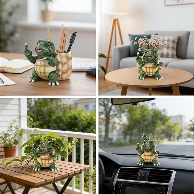 Turtle Succulent Pots with Middle Fingers Up, Middle Finger Gifts, Prank Flower Pot Resin for Indoor Outdoor