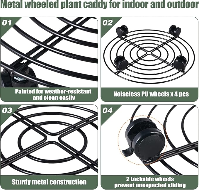 6 Packs 14 Inches Large Metal Plant Caddy with Wheels Rolling Plant Stands Heavy-duty Wrought Iron Plant Roller Base Pot Movers Plant Saucer on Wheels Indoor Outdoor Plant Dolly with Casters Planter Tray
