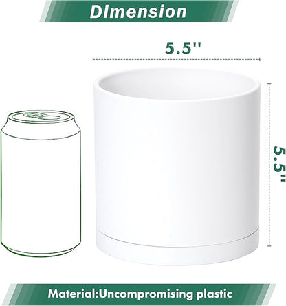 D'vine Dev 4 Pack 5.5 Inch Modern Plastic Plant Pots, Small Garden Planters for Plant with Drainage Holes and Saucers, White Color, 74-Z-H-2