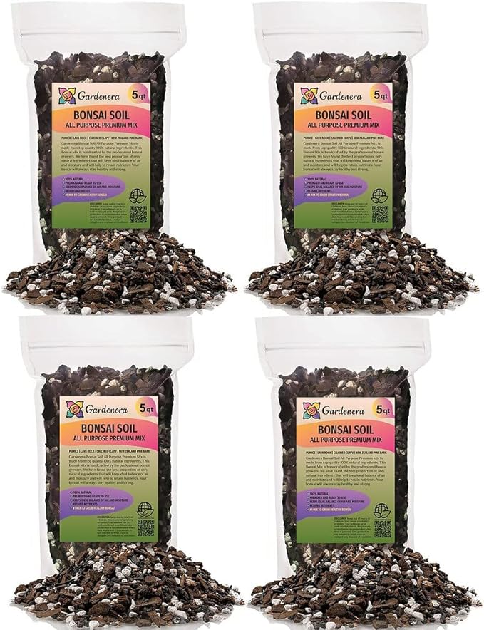 GARDENERA Premium Bonsai Soil All Purpose Fast Draining Mix - 20 Quart - Pumice, Lava, Calcined Clay and Pine Bark Potting Pre Mixed Bonsai Plant Soil Mixture [4 Bags of 5QT]