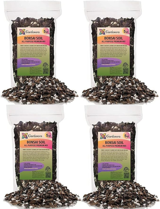 GARDENERA Premium Bonsai Soil All Purpose Fast Draining Mix - 20 Quart - Pumice, Lava, Calcined Clay and Pine Bark Potting Pre Mixed Bonsai Plant Soil Mixture [4 Bags of 5QT]