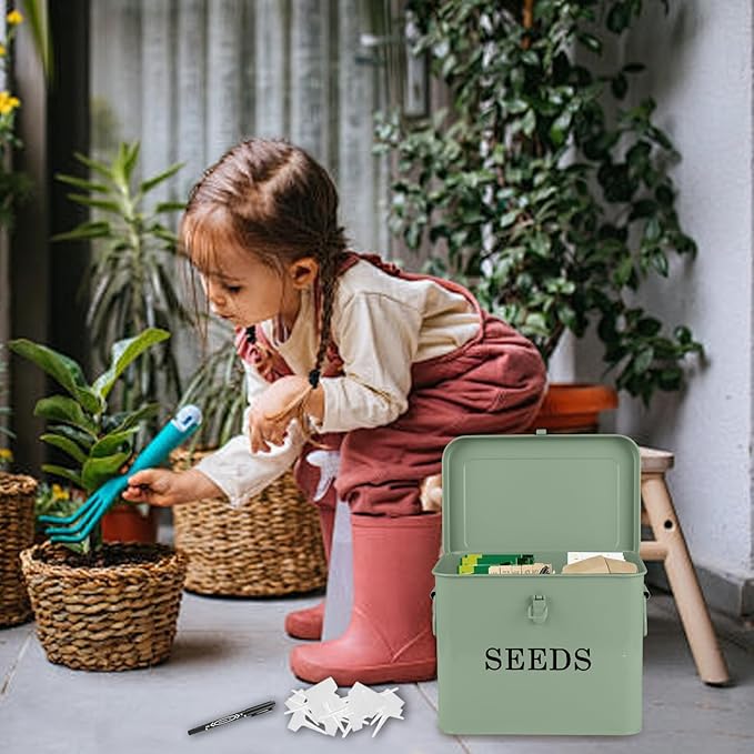 3 Dividers Seed Storage Box, Metal Seed Box Seed Storage Organizer with Safety Lock, Portable Garden Seed Bin, Professional All-in-one Kit, Green