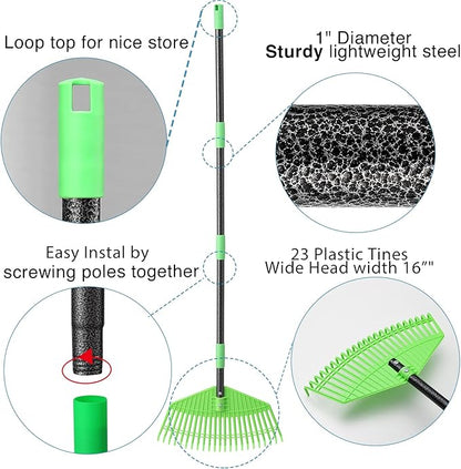 Plastic Rake for Leaves, 23 Tines 16" Wide Plastic Lawn Gravel Shrub Leaf Rake for Leaves and Grass, Thatch Garden Rakes for Yard Heavy Duty Long Handle 35-65"