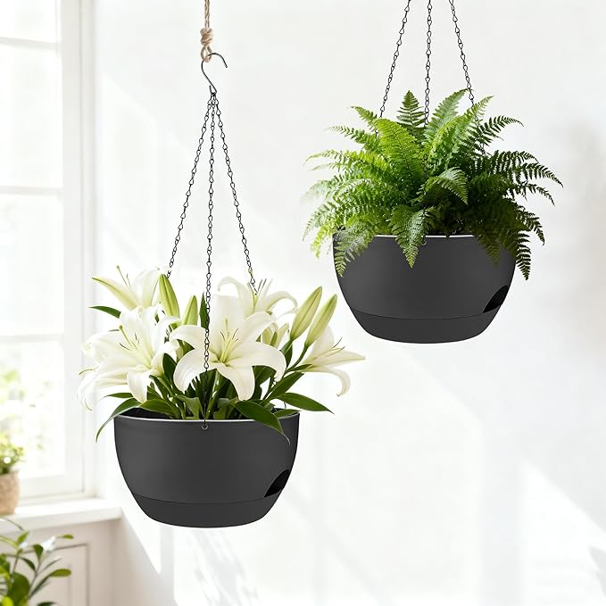 Set of 4-8 Inch Self Watering Hanging Planters for Indoor Outdoor，Hanging Plant Pots with Drainage & Removable Tray, Hanging Pots Holder for Ivy, Pothos, Ferns, Balcony & Patio, Black