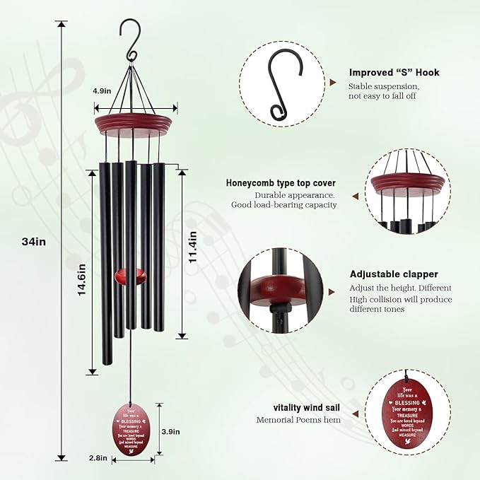 windchimes Sympathy Memorial Wind Chimes – 33" Tuned Wind Chime with “Your Life was a Blessing” Saying, Red Wood Wind Sail for Loss of Loved One, Bereavement Gift for Mom, Dad, Grandma or Friend