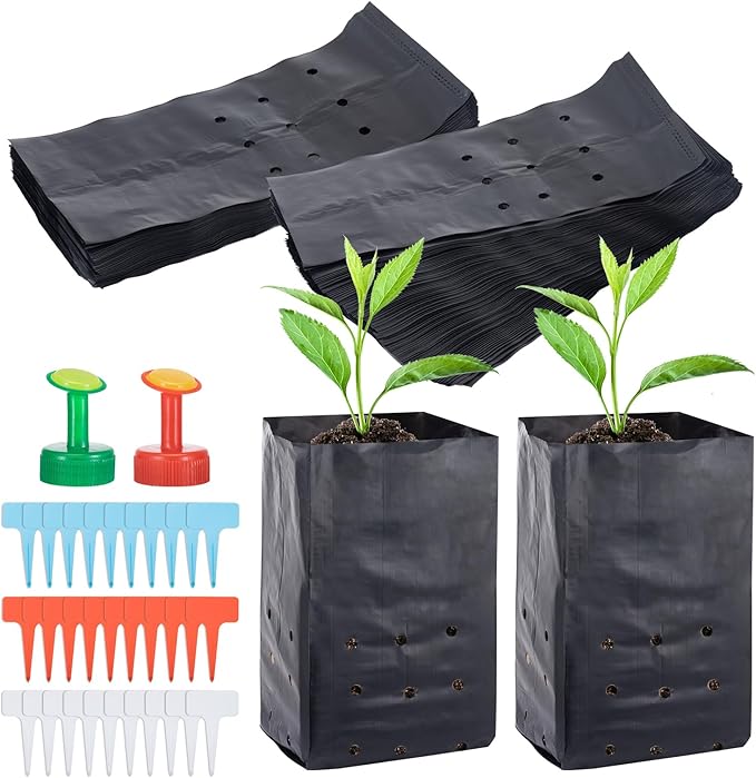 100 Pcs Nursery Growing Bags Seedling Starter Bags with 30 Plant Labels & 2 Mini Watering Sprinklers,Plant Grow Bags Plants Pots Plastic Pouches for Garden Trees,Flowers, Vegetable(8.8x5.3x4.7 Inch)