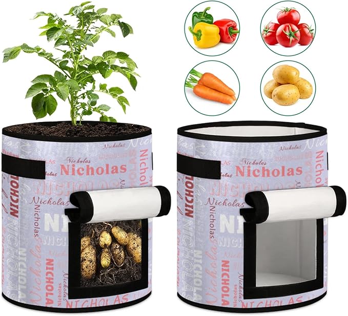 Custom Name Grow Bags 7 Gallon Personalized Breathable Potato Growing Bag with Flap Harvest Window and Handles Garden Planting Bag for Tomato Vegetable Fruits 2 Pack Quartz Color