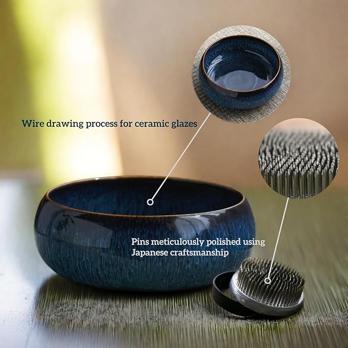 Water Lotus Bowl Planter Kit - Japanese Compote Bowl Ikebana Vase Set w/ 1.8" Floral Frog- Ideal for Ikebana, Flower Arrangement & Hydroponic Planting (Blue)