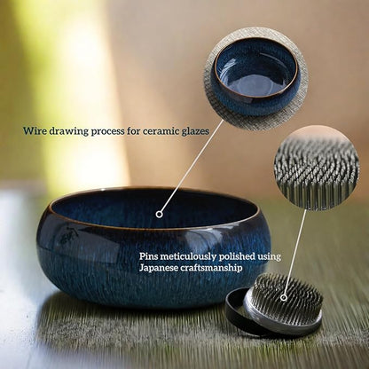 Water Lotus Bowl Planter Kit - Japanese Compote Bowl Ikebana Vase Set w/ 1.8" Floral Frog- Ideal for Ikebana, Flower Arrangement & Hydroponic Planting (Blue)