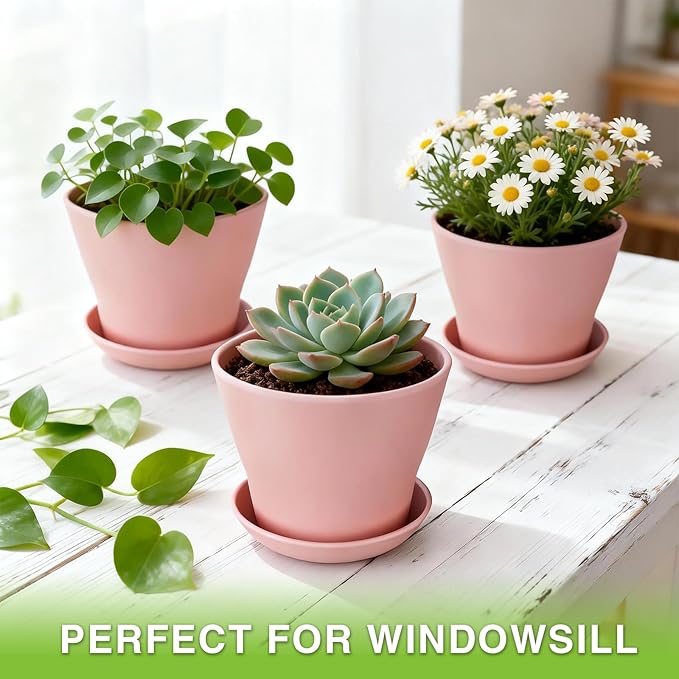 24-Pack 4-Inch Plastic Plant Pots with Saucers, Colorful Seed Starter Nursery Pots with Drainage Holes, Thick Small Planters for Indoor and Outdoor Flowers, Succulents, and Seedlings (8 Colors)