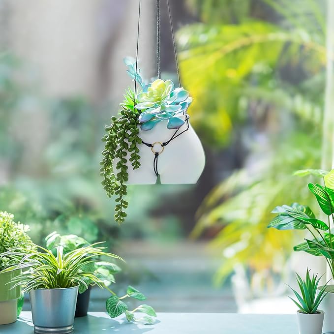 Funny Planter Gift for Plant Lovers: Cute Hanging Plant Pot for Outdoor Indoor Plants - Resin White Vase Succulents Pots with Rope