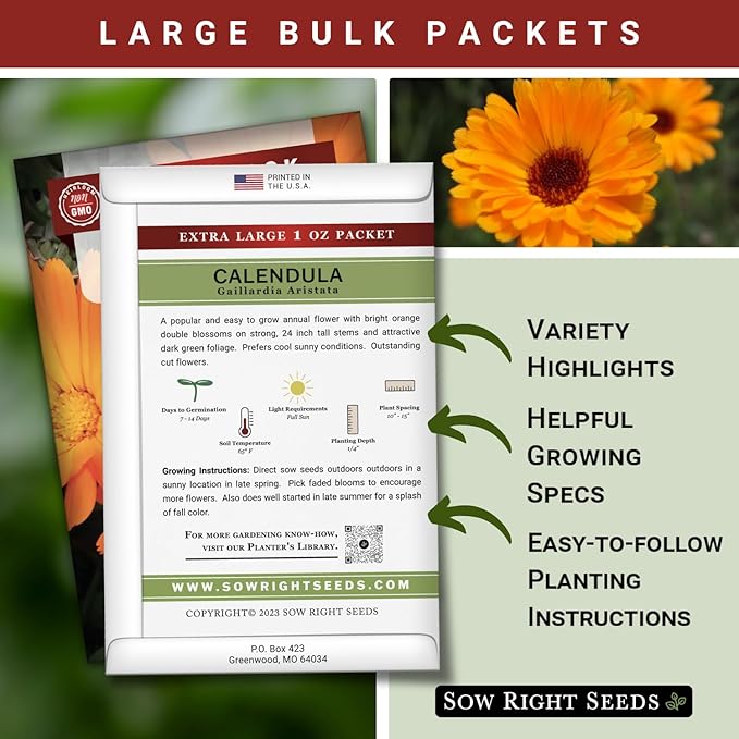 Sow Right Seeds - Bulk Ball’s Orange Calendula Seeds for Planting - 1 Ounce, 2800 Seeds - Non-GMO Heirloom Jumbo Pack with Instructions to Plant a Garden - Grow Loads of Orange Blooms for Pollinators