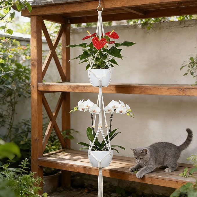 Macrame Plant Hanger, 2 Pack 50 Inch Hanging Plant Holder Indoor Outdoor Hanging Planter Basket with Hooks for Living Rooms, Balcony, Hallway, Kitchen, or Office