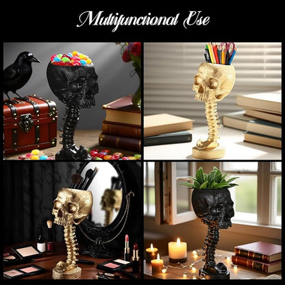 Skull Planter Gothic Skull Vase, Resin Skulls Bowl with Spine Stand Spooky Halloween Skeleton Tall Planters Centerpiece for Gothic Home Decor, Flower Pot, Candy Bowl