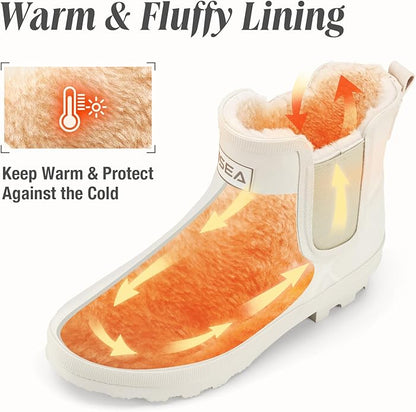 HISEA Women's Plush Rain Boots Waterproof, Chelsea Rubber Booties Women, Ladies Ankle Snow Boots for Winter Spring Garden Outdoor