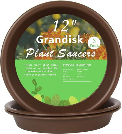Plant Saucer 12 inch, Heavy Large Planter Durable Thicker Plastic Plant Trays for Indoors and Outdoor, Plant Saucer Drip Trays,Brown (12" - 3 Pack)