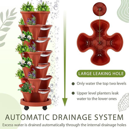 Umigy 2 Set of 7 Tier Vertical Planter Stackable Tower Planters Strawberry Herb Flower and Vegetable Pots Indoor Outdoor Gardening Pots with Removable Wheels and Tools(Brick Red)