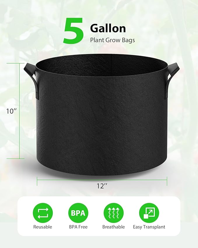 5-Pack Grow Bags 5 Gallon Thickened Plant Grow Bags Multi-Purpose Nonwoven Fabric Pots with Durable Handles, Outdoor Garden Plant Pots for Fruits Vegetables Flowers Herb Bonsai Plants, Black
