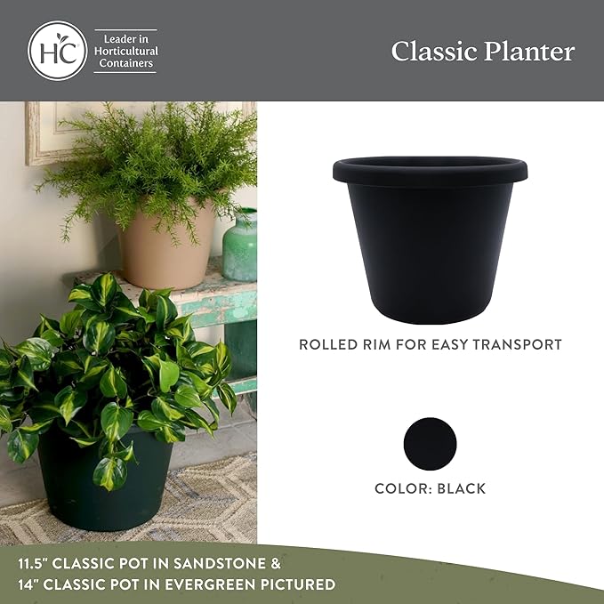 The HC Companies 15.5 Inch Classic Round Planter Pots with Drainage, Rolled Rim Plastic Planters for Indoor Outdoor Plants, 2-Pack Decorative Flower Pots for Garden, Patio, Office & Home Decor, Black