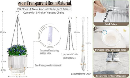 Melphoe Self Watering Hanging Planters for Indoor Plants, 1 Pack 8.3 Inch Outdoor Hanging Plant Pot Basket, 2 Kinds of Hangers Macrame 35.5’’ & Metal Chain 19.6’’ for Garden Home Decor