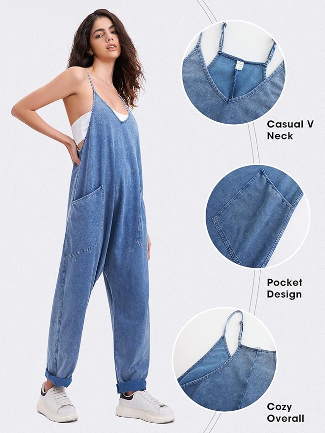 EXLURA Womens Casual Summer Jumpsuits 2026 Romper Bib Outfits Beach Vacation Denim Trendy Fashion Overalls with Pockets