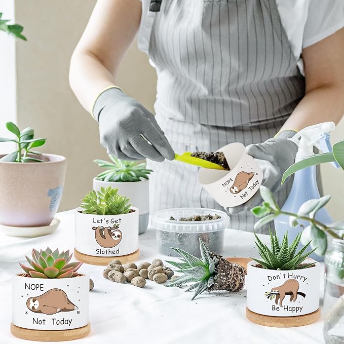 3 Pcs Sloth Ceramic Plant Pots,Funny Planter Gifts for Women,for Indoor Plants Garden Planters Succulent Pots, with Drainage Holes and Saucer(No Plants) (Sloth)