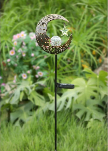 Solar Lights Outdoor Decor Moon Lantern for Patio,Lawn or Pathway Moon Decorations Crackle Glass Globe Stake Metal Lights Waterproof Warm LED Garden Gifts (Bronze)