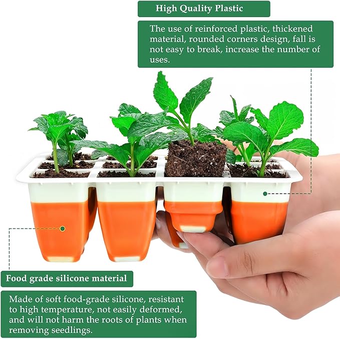 6pcs Reusable Seed Starter Kit, 72 Cells Seed Starter Trays, Silicone Seedling Starter Trays for Starting Plant Seeds with Flexible pop-Out Cells, Indoor Gardening Plant Germination Trays, Orange