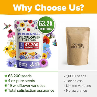 HOME GROWN Wildflower Seeds Bulk 4 oz 63,200+ Seeds 19 Varieties Non-GMO Perennial Mix, Butterfly & Pollinator Flower Seeds, Attract Bees, Birds & Hummingbirds, Outdoor Planting