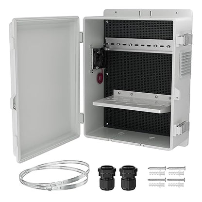 Joinfworld Vented Outdoor Electrical Box Waterproof Nema Enclosure 16x11x6 Plastic WiFi Box with Stainless Steel Buckle Fan Vented Dust Screen