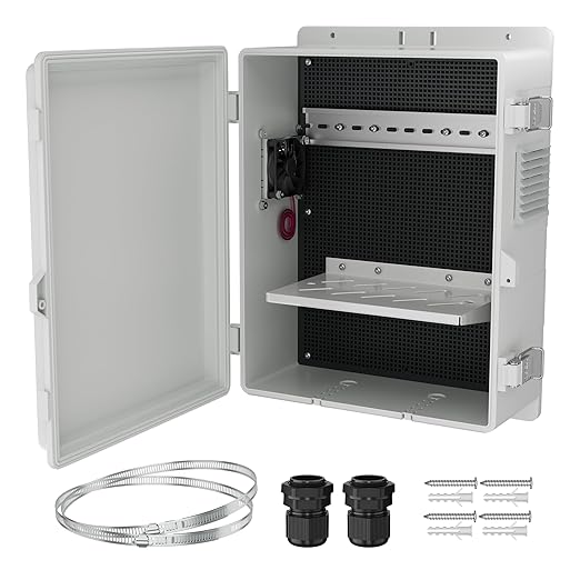 Joinfworld Vented Outdoor Electrical Box Waterproof Nema Enclosure 16x11x6 Plastic WiFi Box with Stainless Steel Buckle Fan Vented Dust Screen