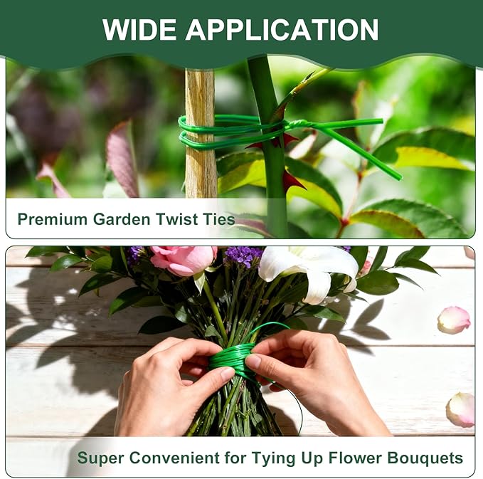 Green Twist Ties, 328 Feet (100m) Sturdy Plant Ties with Cutter, Rustproof & Flexible Gardening Ties for Tomatoes, Vines & Flowers, Twist Tie Use for Indoor/Outdoor Home & Office