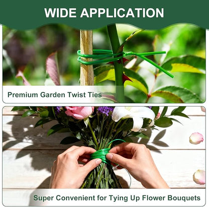 Green Twist Ties, 328 Feet (100m) Sturdy Plant Ties with Cutter, Rustproof & Flexible Gardening Ties for Tomatoes, Vines & Flowers, Twist Tie Use for Indoor/Outdoor Home & Office