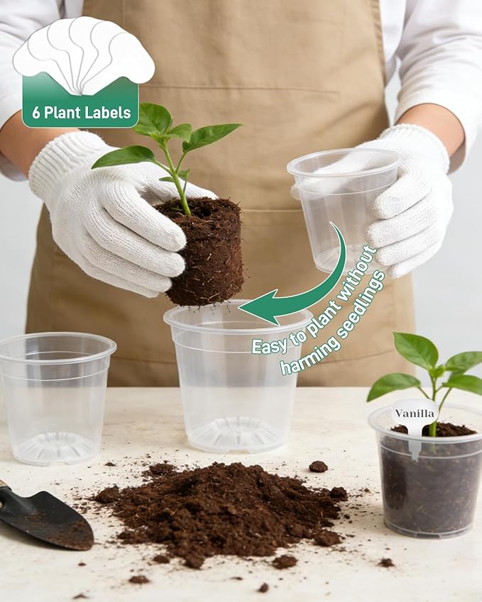 6 Pack Clear Nursery Pots with Drainage 9.5/8/7.5/6.7/5/4.5 Inch Nursery Pots with Saucers Transparent Seedling Pots Including Plant Labels Seed Starting for Indoor Outdoor Home Gardening