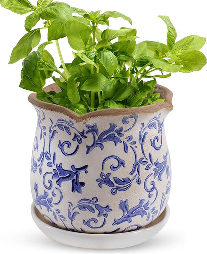 Ceramic-Planters-for-Indoor-Plants with Saucer, 6 inch Vintage Ice Crackle Glaze Plant Pots with Drainage Holes, Decorative Flower Pots for Outdoor Garden Home Decor, Tuscan Pot for Plant