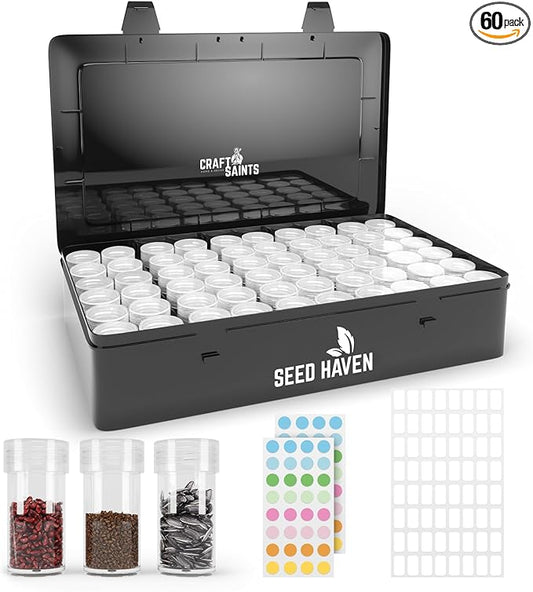 Seed Organizer Storage Box, Black Opaque Light Proof Seed Bank with 60 Transparent Bottles & Labels, Seed Holder Packet Organizer, Seed Vault Container for Homesteaders, Garden Tackle and Bead Sorter