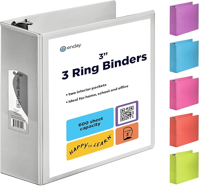 3 Inch Binder 3 Ring Binders Grey, Slant D-Ring 3” Clear View Cover with 2 Inside Pockets, Heavy Duty Colored School Supplies Office and Home Binders – by Enday
