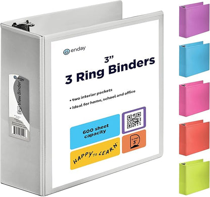 3 Inch Binder 3 Ring Binders Grey, Slant D-Ring 3” Clear View Cover with 2 Inside Pockets, Heavy Duty Colored School Supplies Office and Home Binders – by Enday