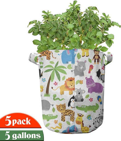 Lunarable Animals Grow Bags 5-Pack, Jungle and Zoo, Heavyduty Fabric Pots with Handles for Plants, Grey Purple