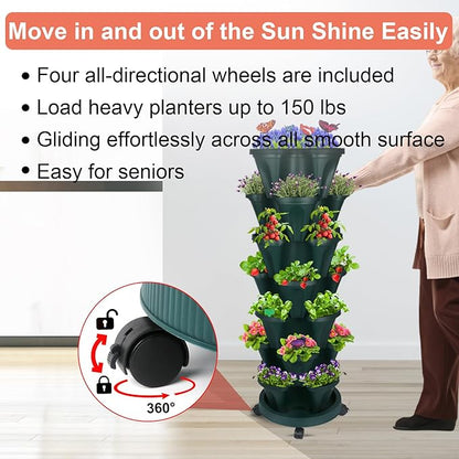 DUNCHATY Stackable Planter, Vertical Strawberry Planter with Garen Tool Set, Self Watering Garden Planter Indoor/Outdoor 7 Tier Herb Planter Pots for Growing Vegetables and Succulents, Pine Green