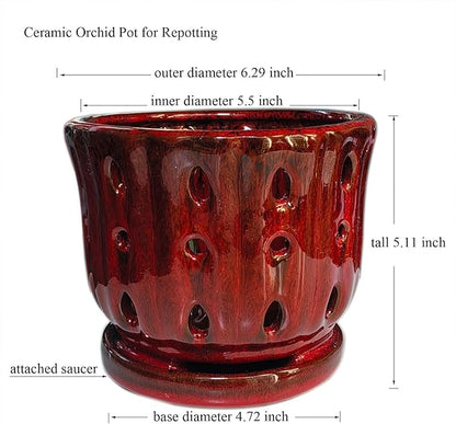 Ceramic Orchid Pot with Attached Saucer and Drainage Hole 6'' Orchid Planter (Red)