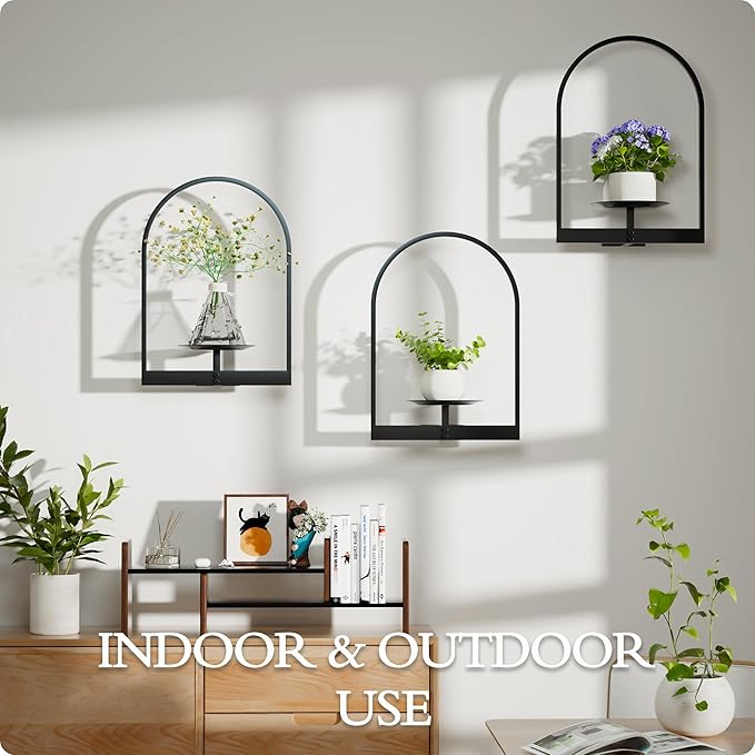 Black Metal Wall Plant Holder - 3-Pack Wall Mounted Plant Stands and Hanging Holders for Indoor Planter and Flower Pot - Arch Decor Shelf for Plant Storage (Pot Not Included)